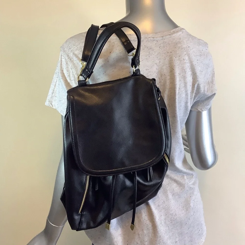 Faux Leather Black Drawstring Backpack Bucket Shoulder Bag